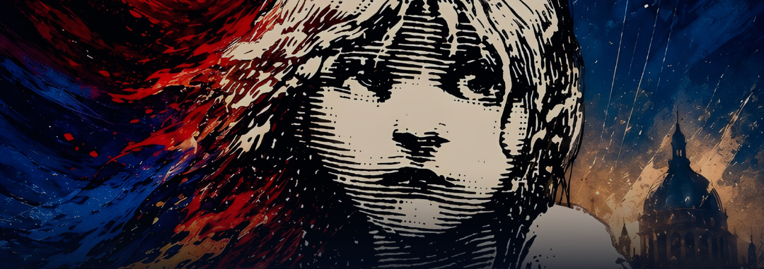 Cosette illustrated against sweeping red and blue brushstrokes and a Paris skyline